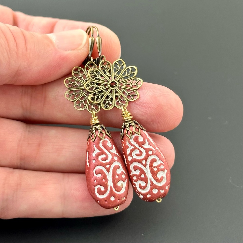 Handmade Boho Earrings, Red and White Clay Teardrops with Brass Lever backs